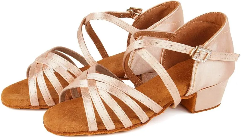 Girls Latin Dance Shoes Satin Professional Ballroom Salsa Dance Practice Performance Shoes(Little/Big Kid),Model 202