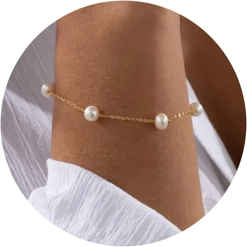 Gold Bracelets for Women-14K Gold Plated Pearl Bracelets for Women Daisy Pearl Flower Gold Beaded Station Pearl Bracelets