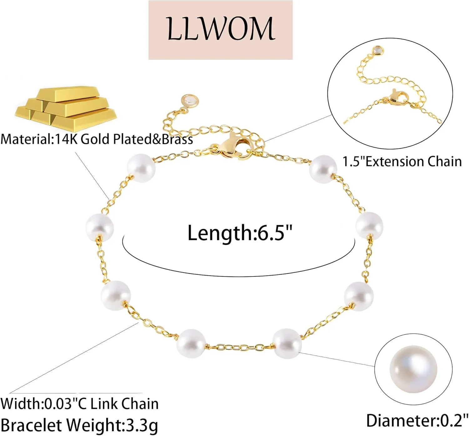 Gold Bracelets for Women-14K Gold Plated Pearl Bracelets for Women Daisy Pearl Flower Gold Beaded Station Pearl Bracelets