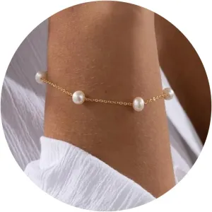 Gold Bracelets for Women-14K Gold Plated Pearl Bracelets for Women Daisy Pearl Flower Gold Beaded Station Pearl Bracelets