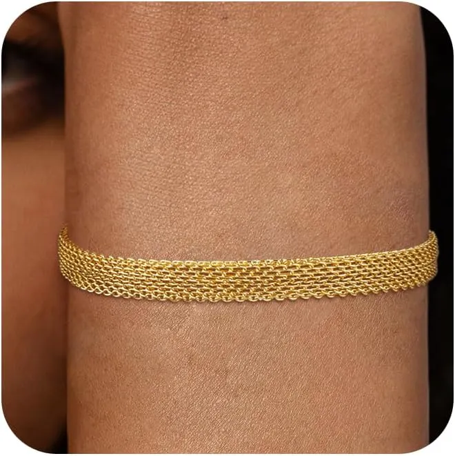 Gold Bracelets for Women 14K Gold Plated Stackable Tiny Beaded Snake Herringbone Chain Bracelet Jewelry Set Gifts for Women