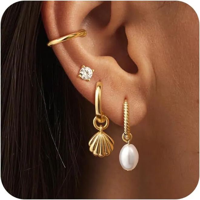 Gold Earrings for Women - 14K Gold Hoop Earrings Set for Women Trendy Huggie Earrings Studs Cuffs Small Dainty Dangle Earrings Lightweight Cartilage Multiple Piercing Earrings Jewelry Gifts