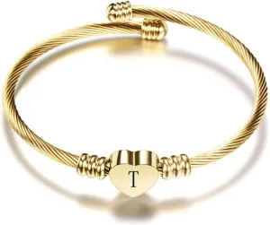 Gold Initial Letter Cuff Bracelets Alphabet A-Z Heart Bangle Bracelets Expandable Stainless Steel Women Personalized Jewelry