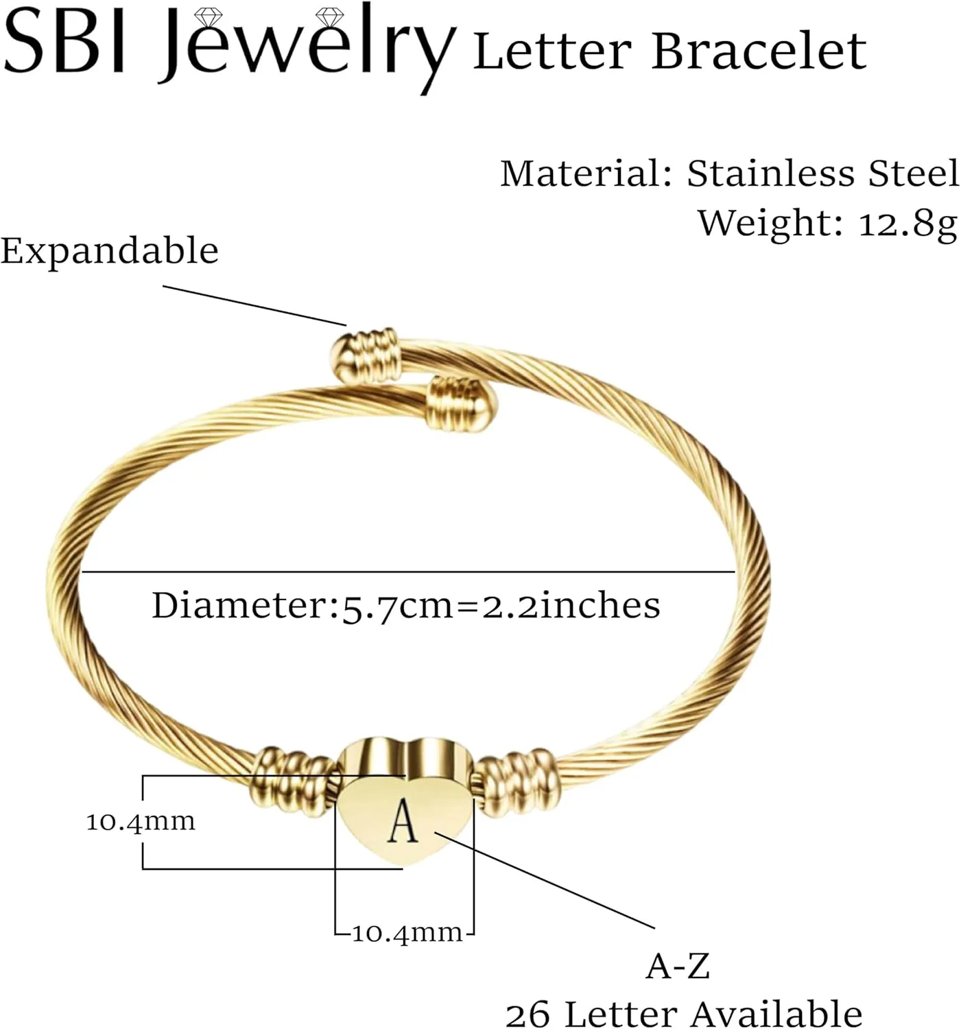 Gold Initial Letter Cuff Bracelets Alphabet A-Z Heart Bangle Bracelets Expandable Stainless Steel Women Personalized Jewelry