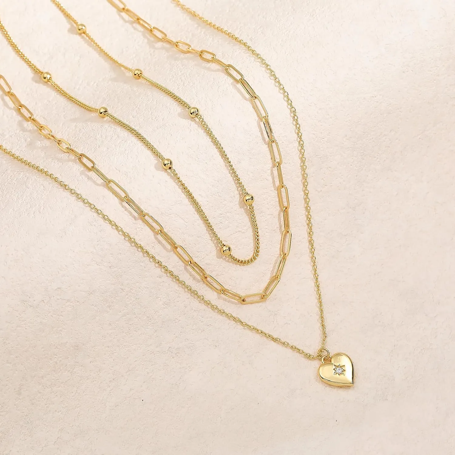 Gold Layered Heart Necklace Dainty,18k Gold Plated Love Heart Pendant Necklace,Layering Necklace for Women Trendy Jewelry