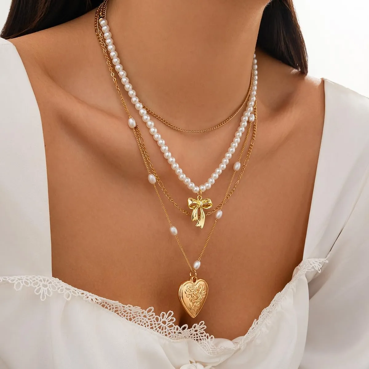 Gold Pearl Bow Necklace for Women Layered Choker Chain Necklace Bow Necklace,Layered Initial Necklaces Cute Bow Pendant Jewelry Trendy Necklaces for Women Gold Jewelry Gift