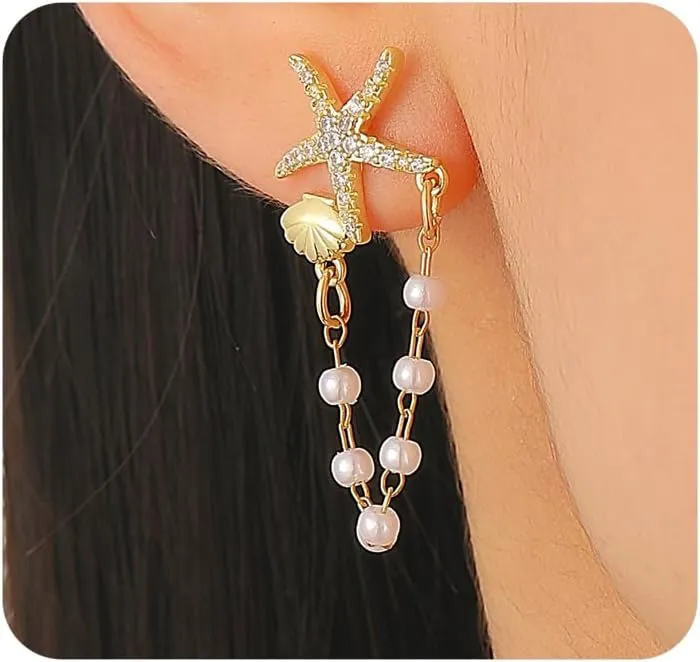 Gold Seashell Earrings Beach Jewelry for Women,Boho Starfish Shell Dangle Earrings Pearl Chain Drop Earrings,Trendy Ocean Jewelry Accessories Gifts