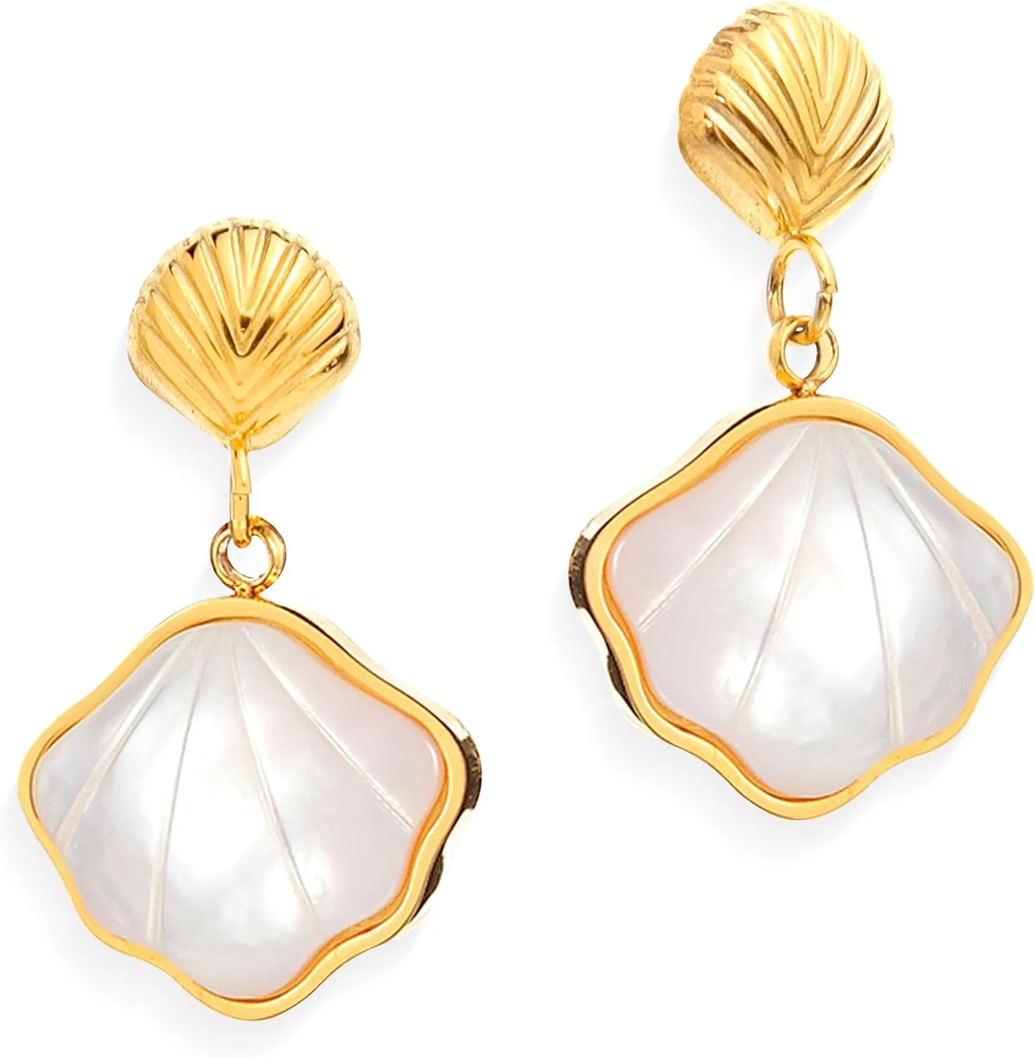 Gold Seashell Stud Dangle Earring for Women, Dainty White Enamel Shell Dangling Drop Summer Beach Jewelry Gift.