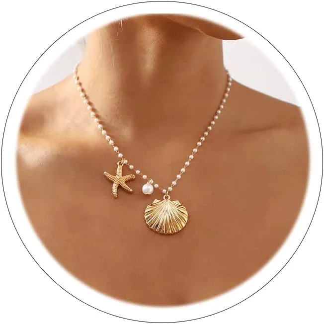 Gold Starfish Necklace & Earrings - Blue & White Beach Jewelry