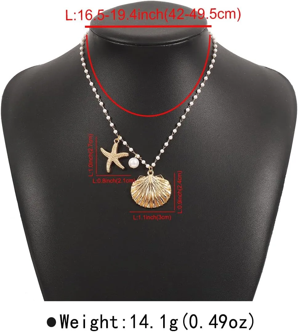 Gold Starfish Necklace & Earrings - Blue & White Beach Jewelry