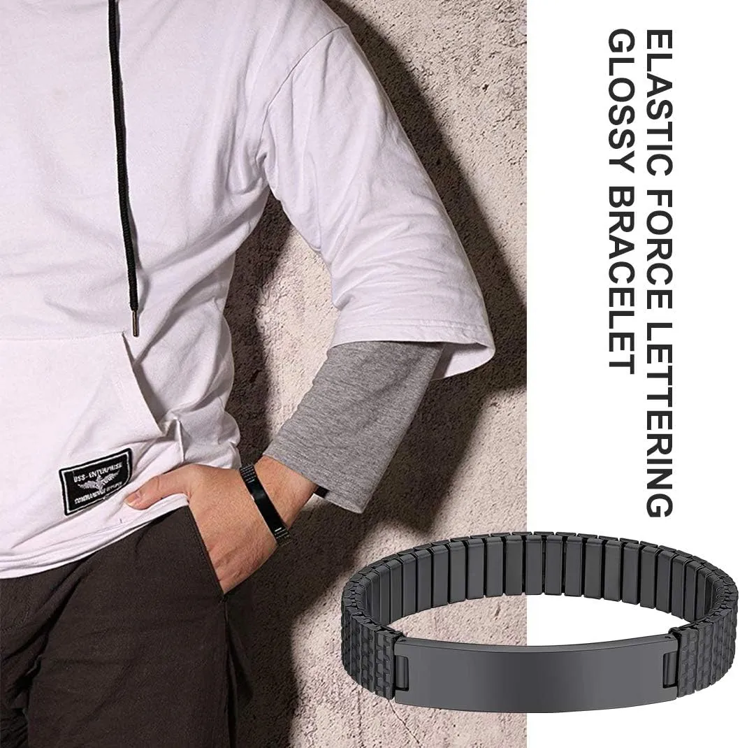 GOLDCHIC JEWELRY Personalized Mens ID Bracelets, Stainless Steel Engraved Bracelets, 7mm-15mm Wide Curb Link Stretch Cuff Bracelets
