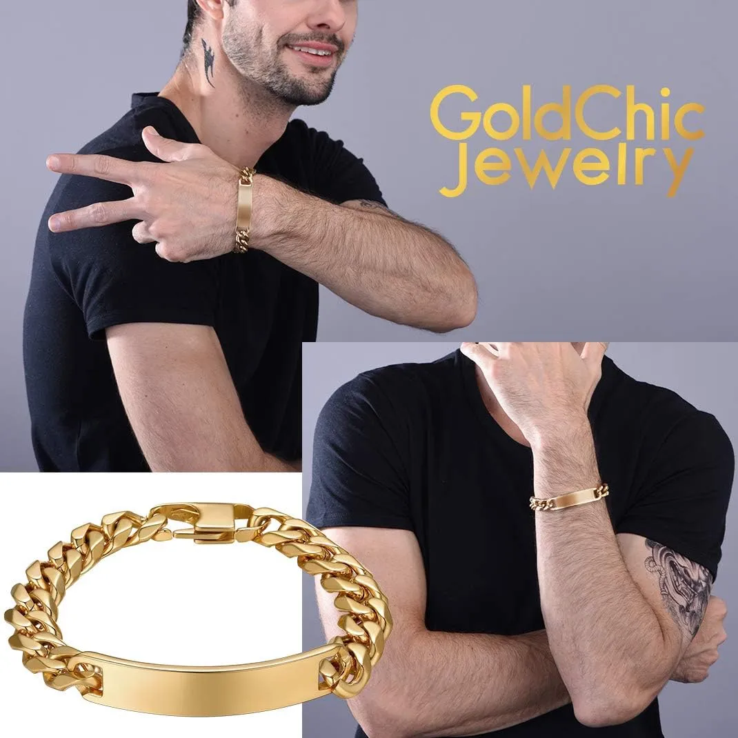 GOLDCHIC JEWELRY Personalized Mens ID Bracelets, Stainless Steel Engraved Bracelets, 7mm-15mm Wide Curb Link Stretch Cuff Bracelets