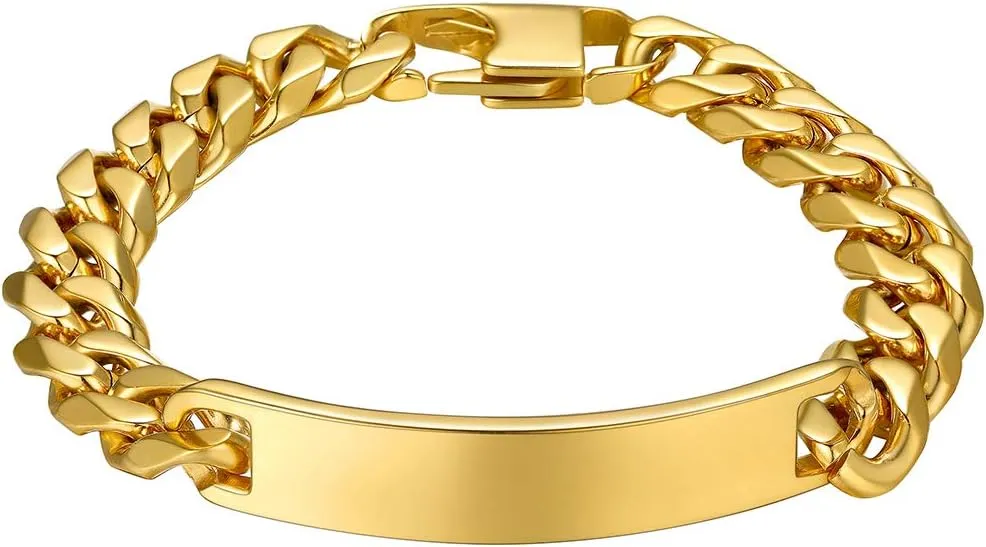 GOLDCHIC JEWELRY Personalized Mens ID Bracelets, Stainless Steel Engraved Bracelets, 7mm-15mm Wide Curb Link Stretch Cuff Bracelets