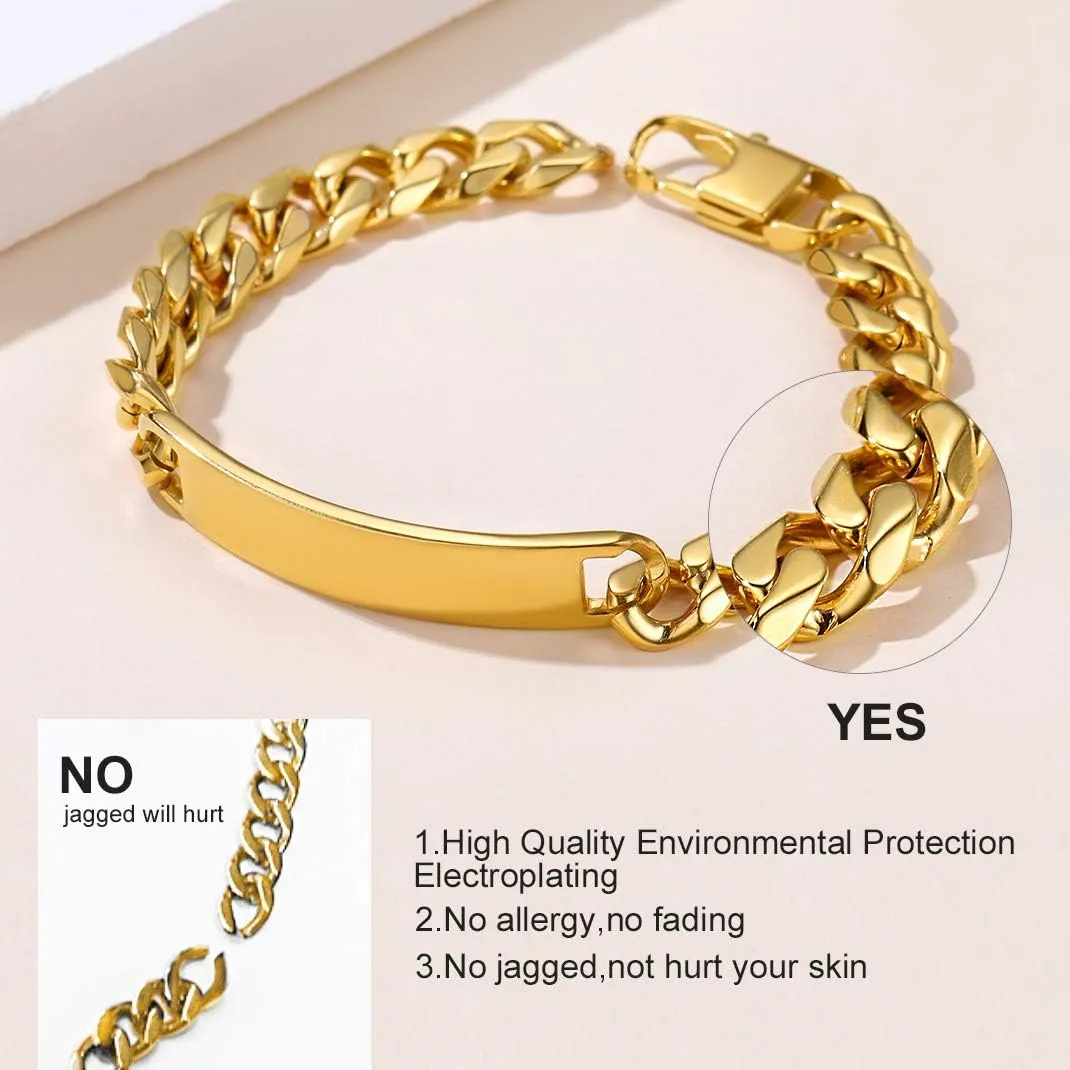 GOLDCHIC JEWELRY Personalized Mens ID Bracelets, Stainless Steel Engraved Bracelets, 7mm-15mm Wide Curb Link Stretch Cuff Bracelets