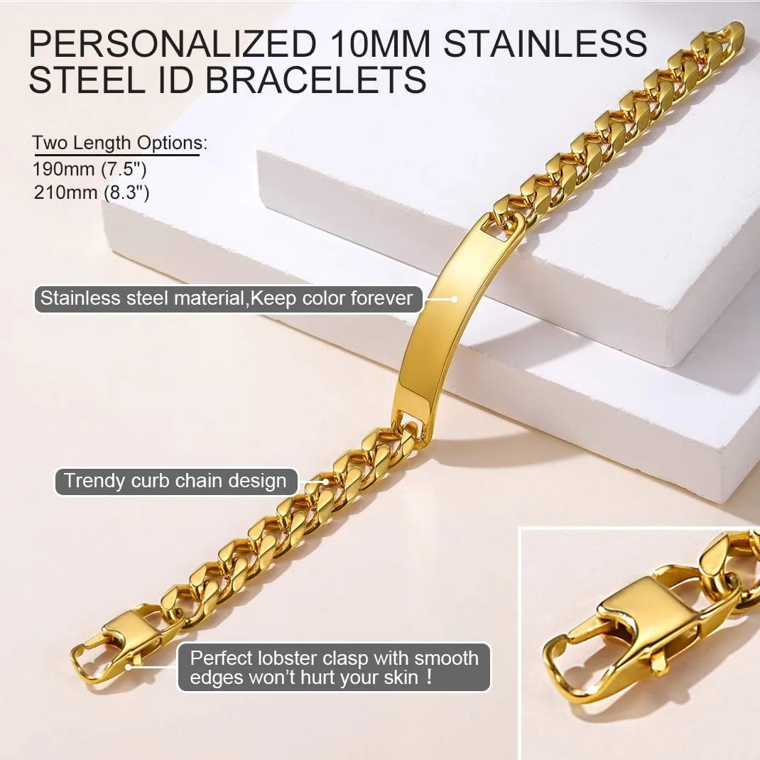 GOLDCHIC JEWELRY Personalized Mens ID Bracelets, Stainless Steel Engraved Bracelets, 7mm-15mm Wide Curb Link Stretch Cuff Bracelets