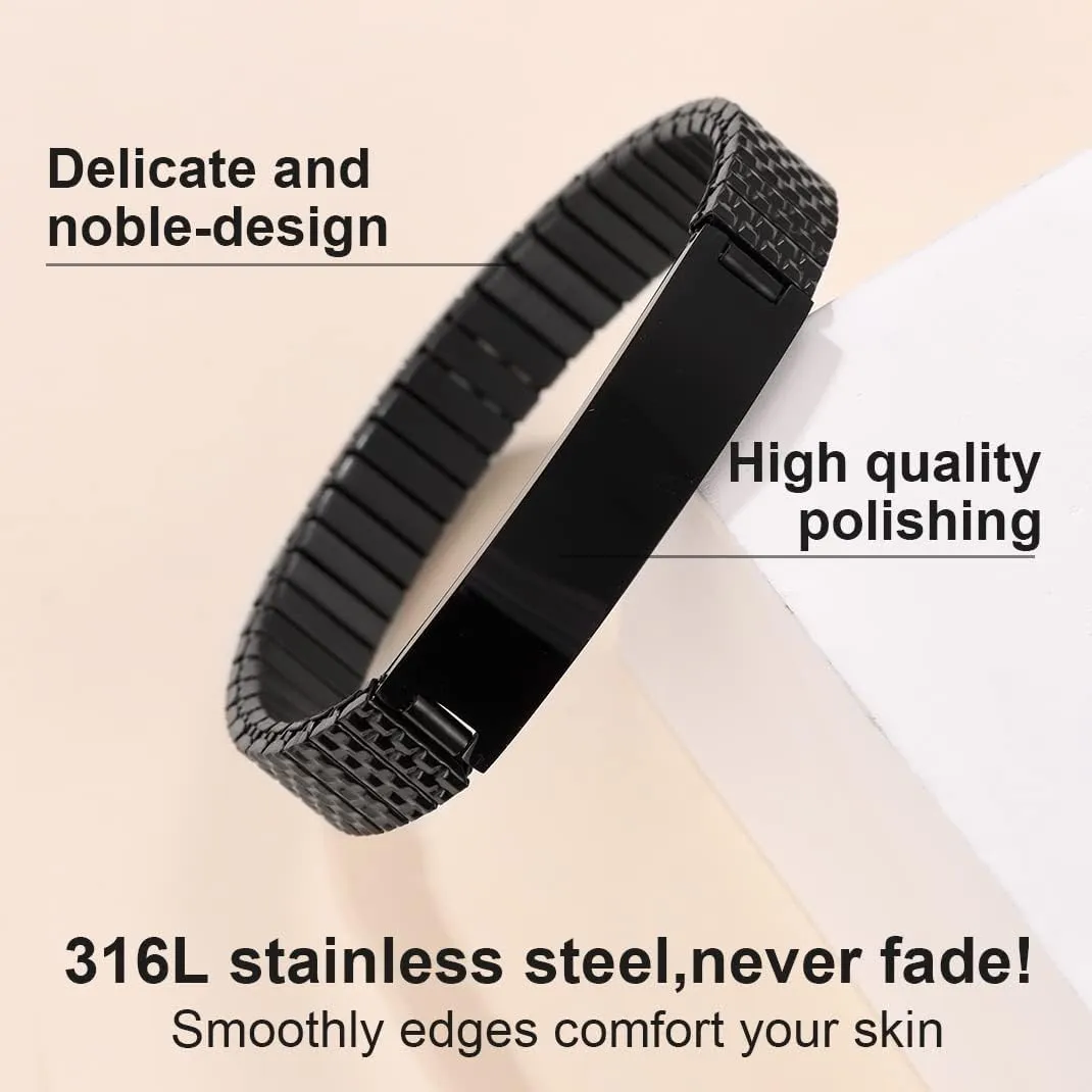 GOLDCHIC JEWELRY Personalized Mens ID Bracelets, Stainless Steel Engraved Bracelets, 7mm-15mm Wide Curb Link Stretch Cuff Bracelets