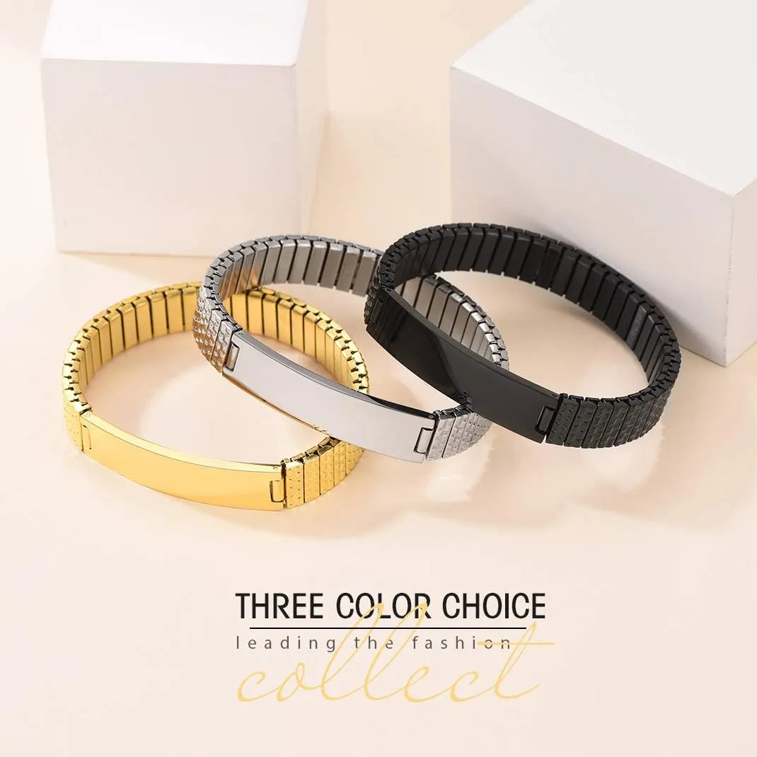 GOLDCHIC JEWELRY Personalized Mens ID Bracelets, Stainless Steel Engraved Bracelets, 7mm-15mm Wide Curb Link Stretch Cuff Bracelets