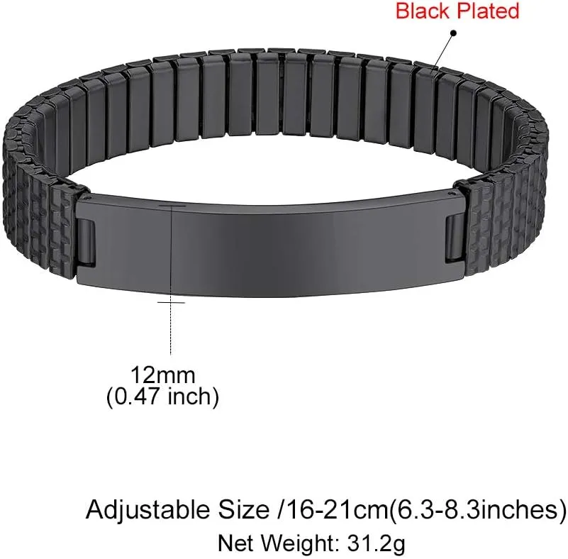GOLDCHIC JEWELRY Personalized Mens ID Bracelets, Stainless Steel Engraved Bracelets, 7mm-15mm Wide Curb Link Stretch Cuff Bracelets