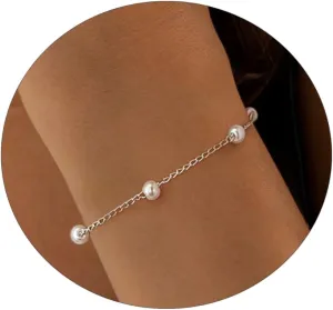 Gold/Silver Pearl Bracelets for Women Dainty Pearls Beaded Chain Tiny Pearls link Chain Cute Simple Pearl Bracelet Jewelry for Women