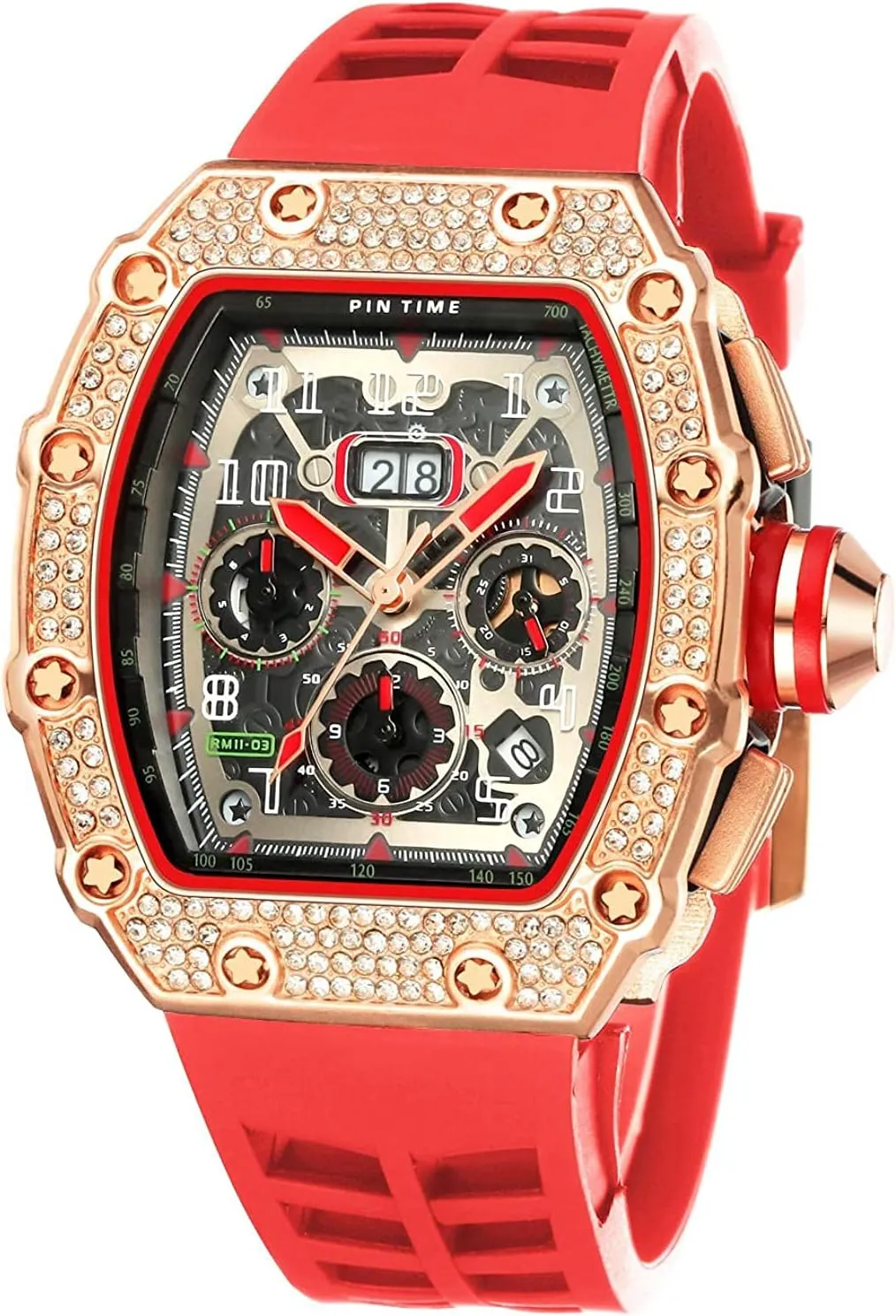 Gosasa Mens Diamond Watches Luxury Tonneau Watches for Men Analog Watch Chronograph Calendar Date Mens Dress Business Work Watch Large Rectangle Face Wristwatch with Silicon Strap