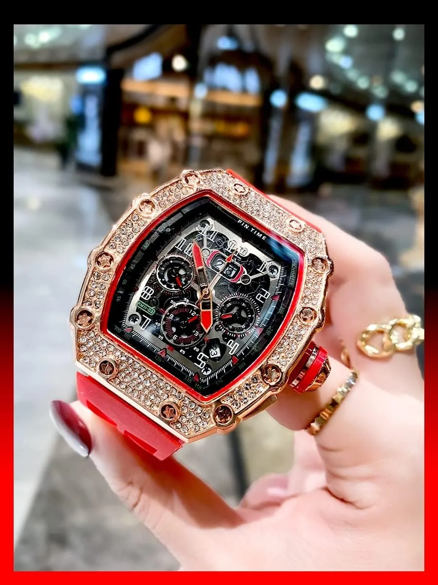 Gosasa Mens Diamond Watches Luxury Tonneau Watches for Men Analog Watch Chronograph Calendar Date Mens Dress Business Work Watch Large Rectangle Face Wristwatch with Silicon Strap