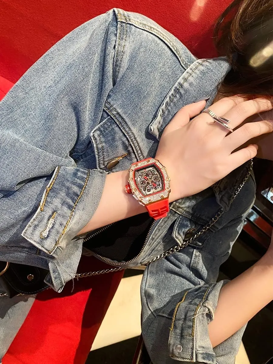 Gosasa Mens Diamond Watches Luxury Tonneau Watches for Men Analog Watch Chronograph Calendar Date Mens Dress Business Work Watch Large Rectangle Face Wristwatch with Silicon Strap