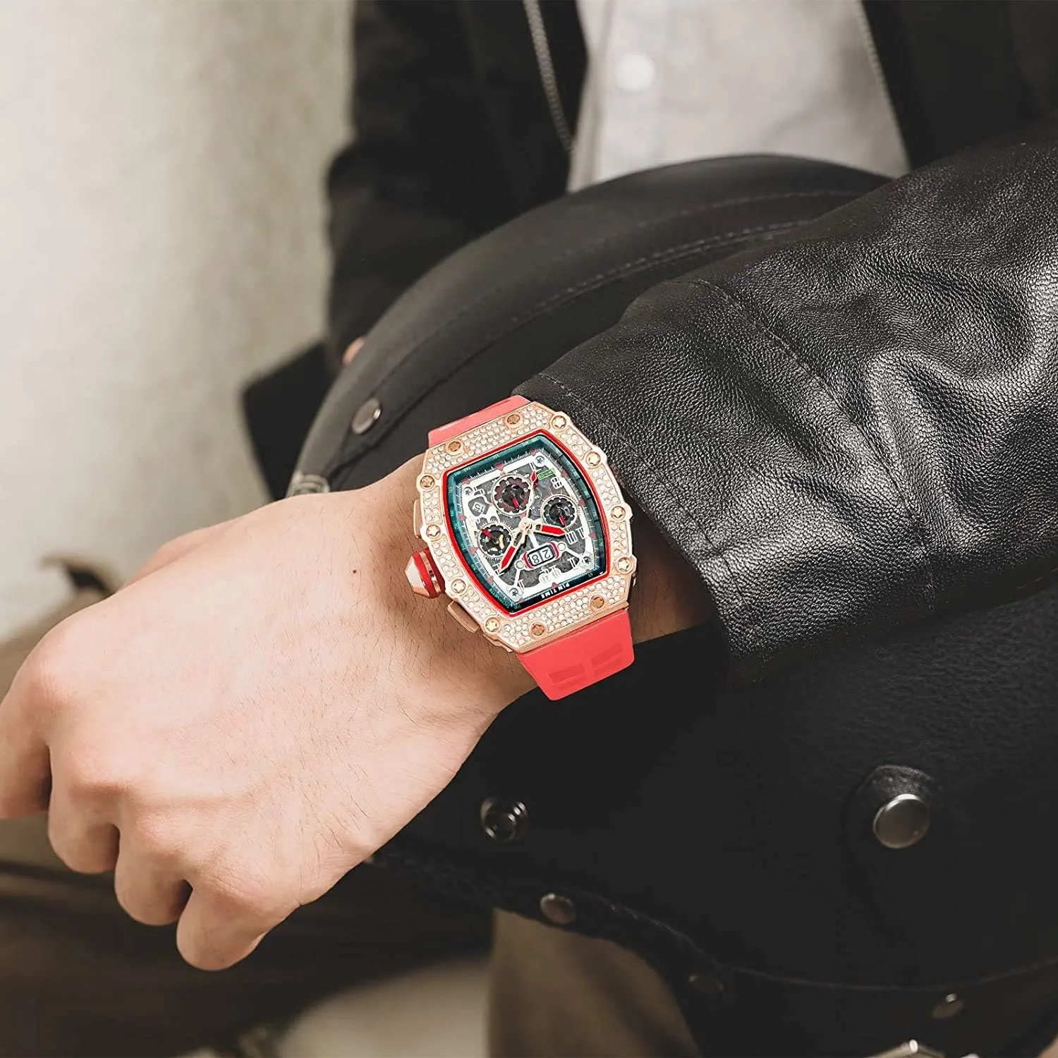 Gosasa Mens Diamond Watches Luxury Tonneau Watches for Men Analog Watch Chronograph Calendar Date Mens Dress Business Work Watch Large Rectangle Face Wristwatch with Silicon Strap