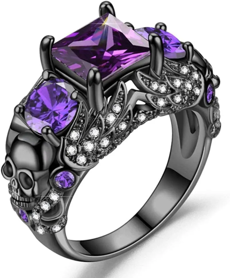 Gothic Jewelry Purple Red Black Crystal Unique Black Skull Rings for Women Halloween Christmas Gifts