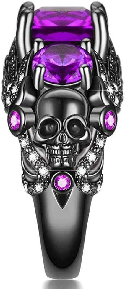 Gothic Jewelry Purple Red Black Crystal Unique Black Skull Rings for Women Halloween Christmas Gifts