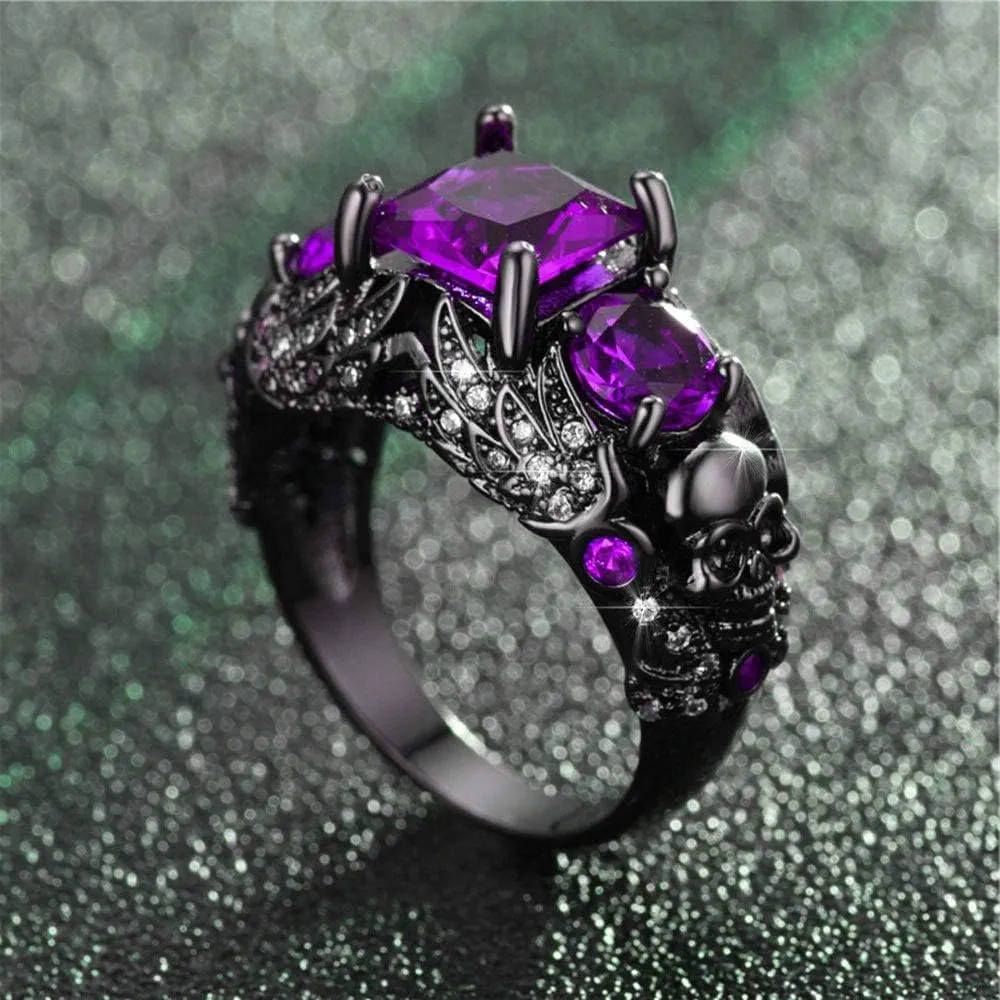 Gothic Jewelry Purple Red Black Crystal Unique Black Skull Rings for Women Halloween Christmas Gifts