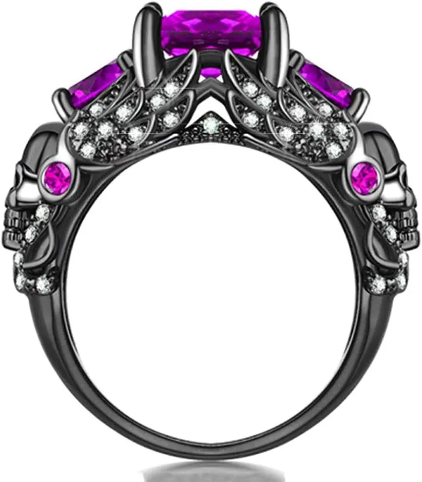 Gothic Jewelry Purple Red Black Crystal Unique Black Skull Rings for Women Halloween Christmas Gifts