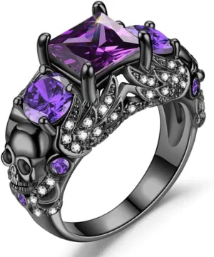 Gothic Jewelry Purple Red Black Crystal Unique Black Skull Rings for Women Halloween Christmas Gifts