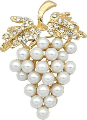 Gyn&Joy Golden Tone Rhinestones Faux Pearl Bead Cute Fruit Bunch Grapes Pin Brooches