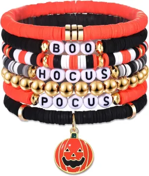 Halloween Bracelets Heishi Stackable Beaded BOO Spooky Stretch Preppy Bracelet Ghost Bat Pumpkin Charms Bracelets Halloween Cosplay Costume Party Jewelry Gifts