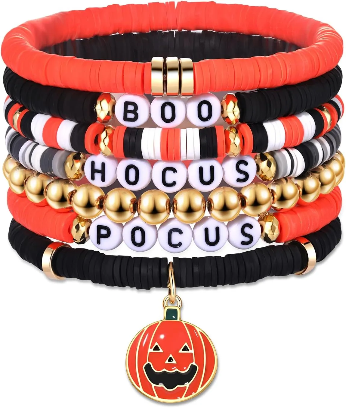 Halloween Bracelets Heishi Stackable Beaded BOO Spooky Stretch Preppy Bracelet Ghost Bat Pumpkin Charms Bracelets Halloween Cosplay Costume Party Jewelry Gifts