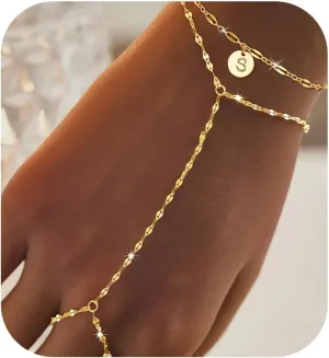 Hand Chain Initial Bracelet Ring Bracelet Hand Chain Gold Plated Letter Initial Bracelet Dainty Gold Bracelets Initial Bracelets for Women Trendy Birthday Jewelry Gifts