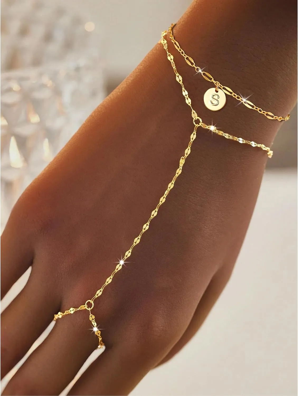 Hand Chain Initial Bracelet Ring Bracelet Hand Chain Gold Plated Letter Initial Bracelet Dainty Gold Bracelets Initial Bracelets for Women Trendy Birthday Jewelry Gifts