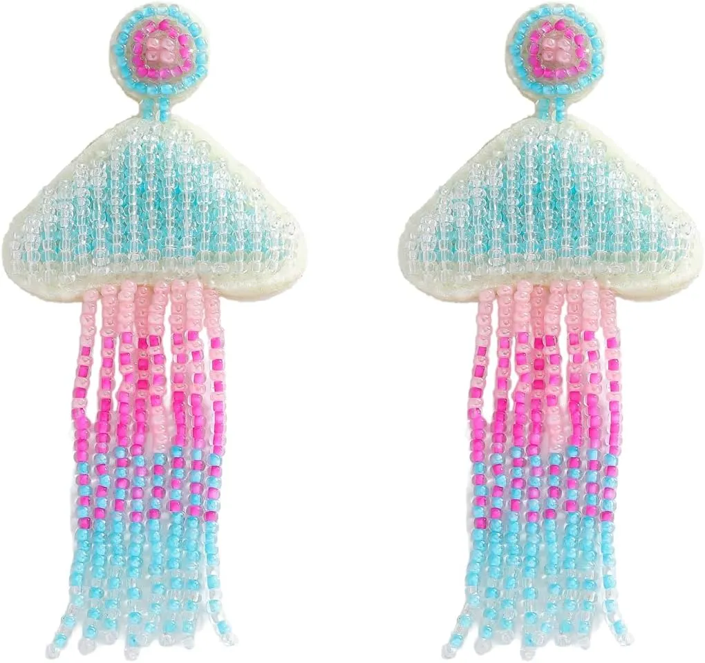 Handmade Beaded Jellyfish Tassel Earrings for Women, Bohemian Pink Blue Ocean Theme Drop Dangle Earring for Summer Festival Party Jewelry
