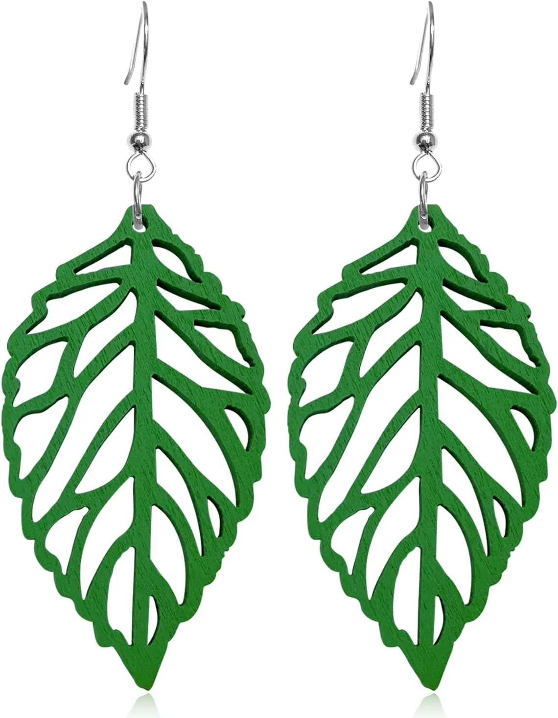 Handmade Bohemian Natural Wooden Leaf Dangle Drop Earrings Lightweight Vintage Hollow Feather Hook Earrings for Women Statement Boho Jewelry Gifts