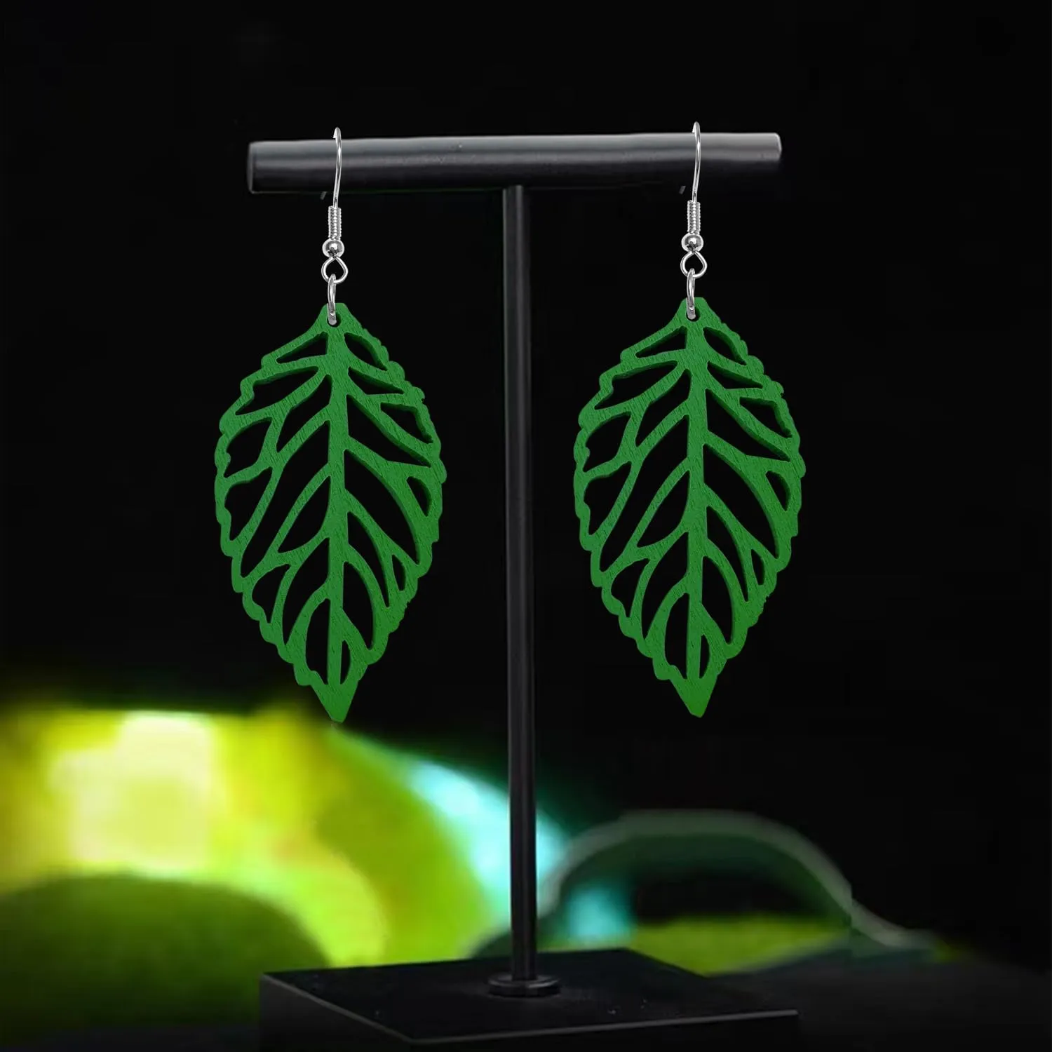 Handmade Bohemian Natural Wooden Leaf Dangle Drop Earrings Lightweight Vintage Hollow Feather Hook Earrings for Women Statement Boho Jewelry Gifts