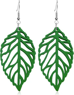 Handmade Bohemian Natural Wooden Leaf Dangle Drop Earrings Lightweight Vintage Hollow Feather Hook Earrings for Women Statement Boho Jewelry Gifts