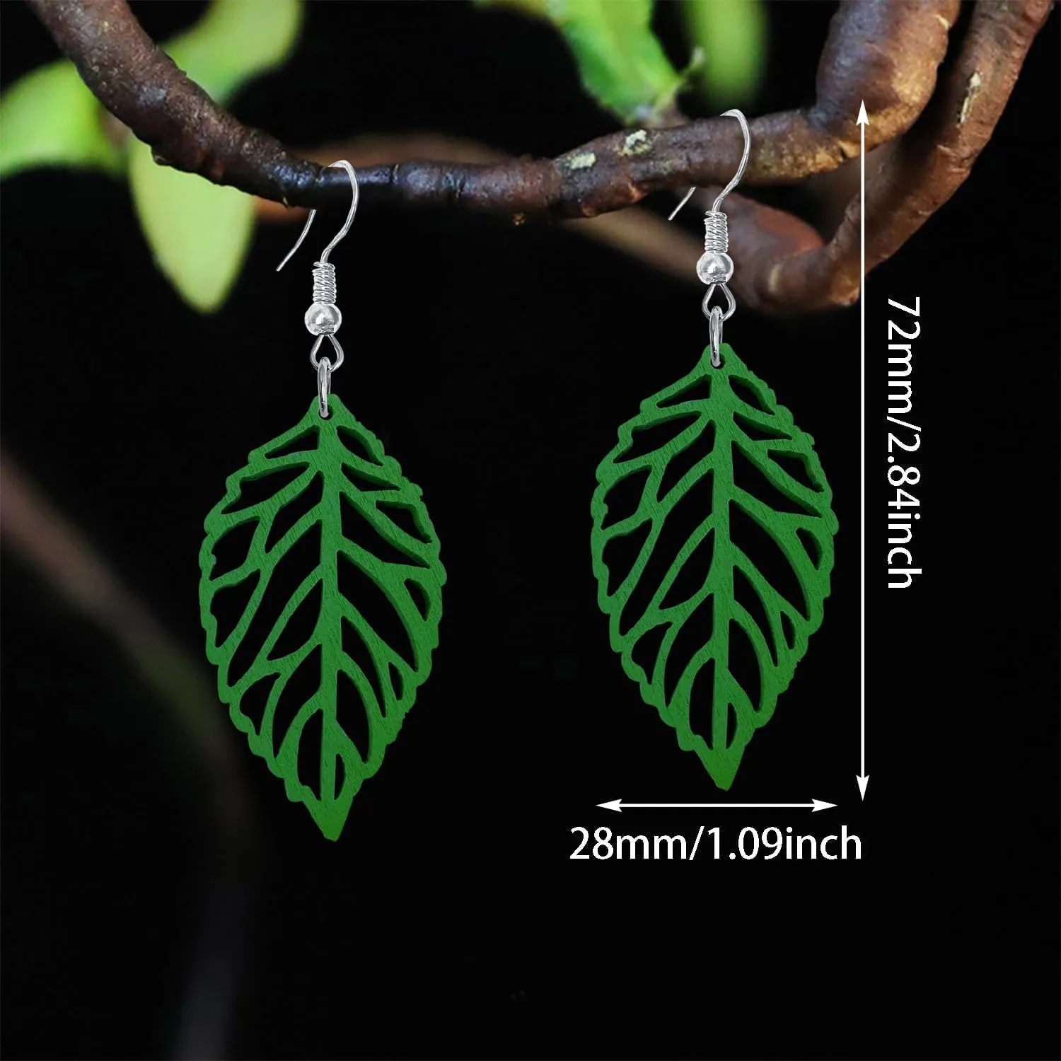 Handmade Bohemian Natural Wooden Leaf Dangle Drop Earrings Lightweight Vintage Hollow Feather Hook Earrings for Women Statement Boho Jewelry Gifts