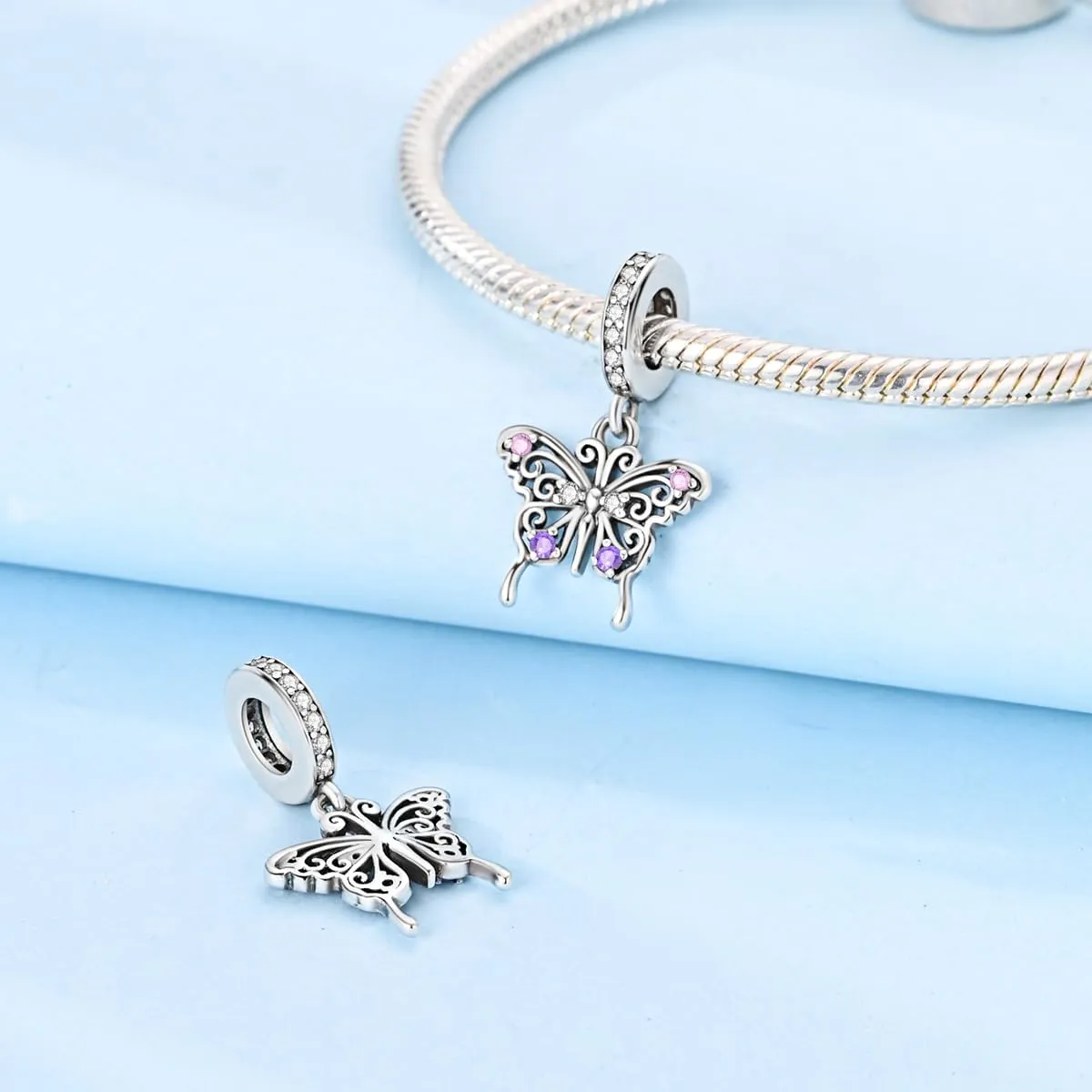 Hapour Butterfly Dangle Charm Bracelet Charm, Pendants Beads Charms for Necklaces Women Jewelry Gift Made of Sterling Silver, Cubic Zirconia & Enamel