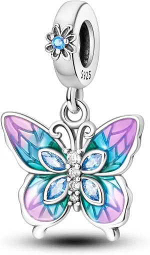 Hapour Butterfly Dangle Charm Bracelet Charm, Pendants Beads Charms for Necklaces Women Jewelry Gift Made of Sterling Silver, Cubic Zirconia & Enamel