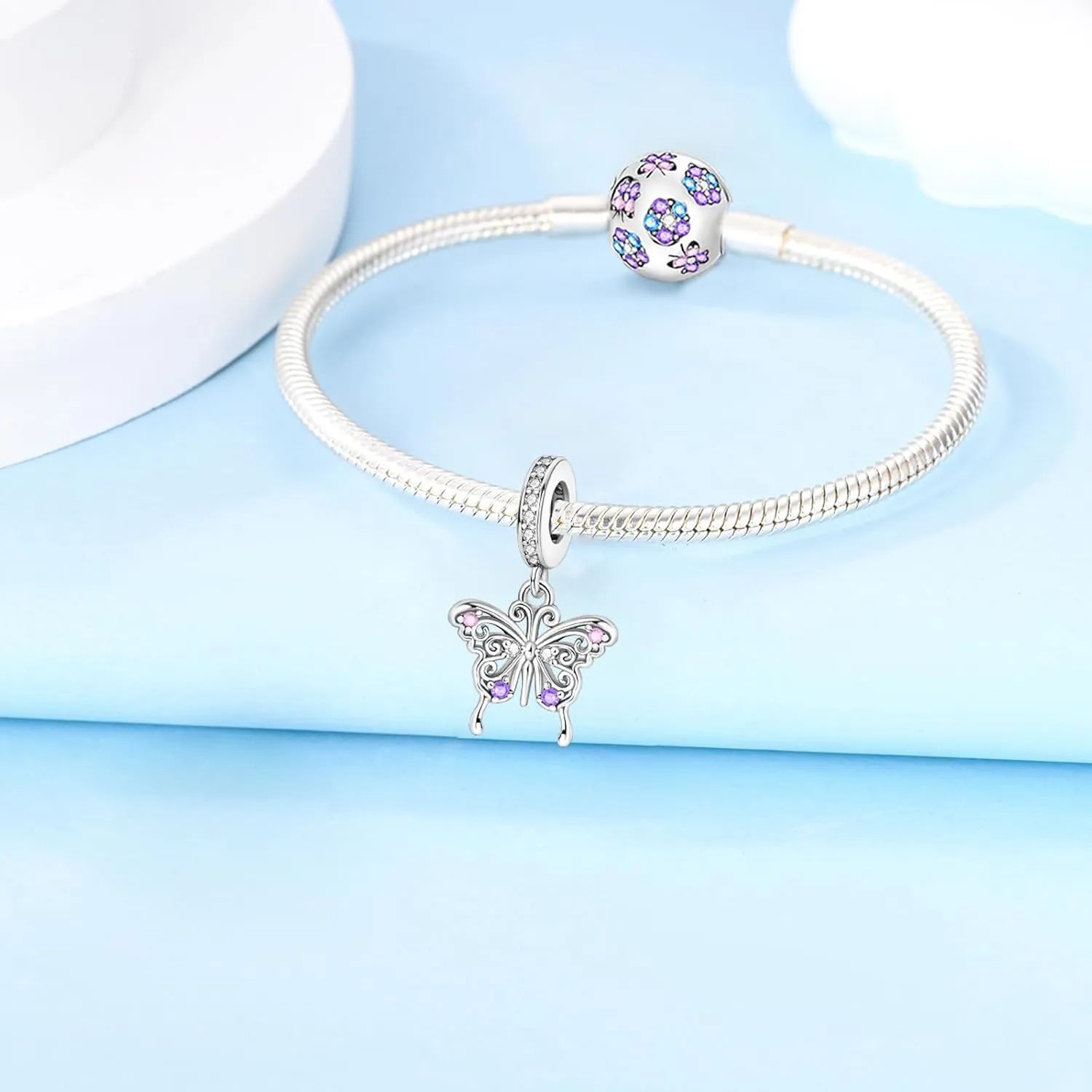 Hapour Butterfly Dangle Charm Bracelet Charm, Pendants Beads Charms for Necklaces Women Jewelry Gift Made of Sterling Silver, Cubic Zirconia & Enamel