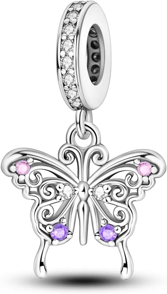 Hapour Butterfly Dangle Charm Bracelet Charm, Pendants Beads Charms for Necklaces Women Jewelry Gift Made of Sterling Silver, Cubic Zirconia & Enamel