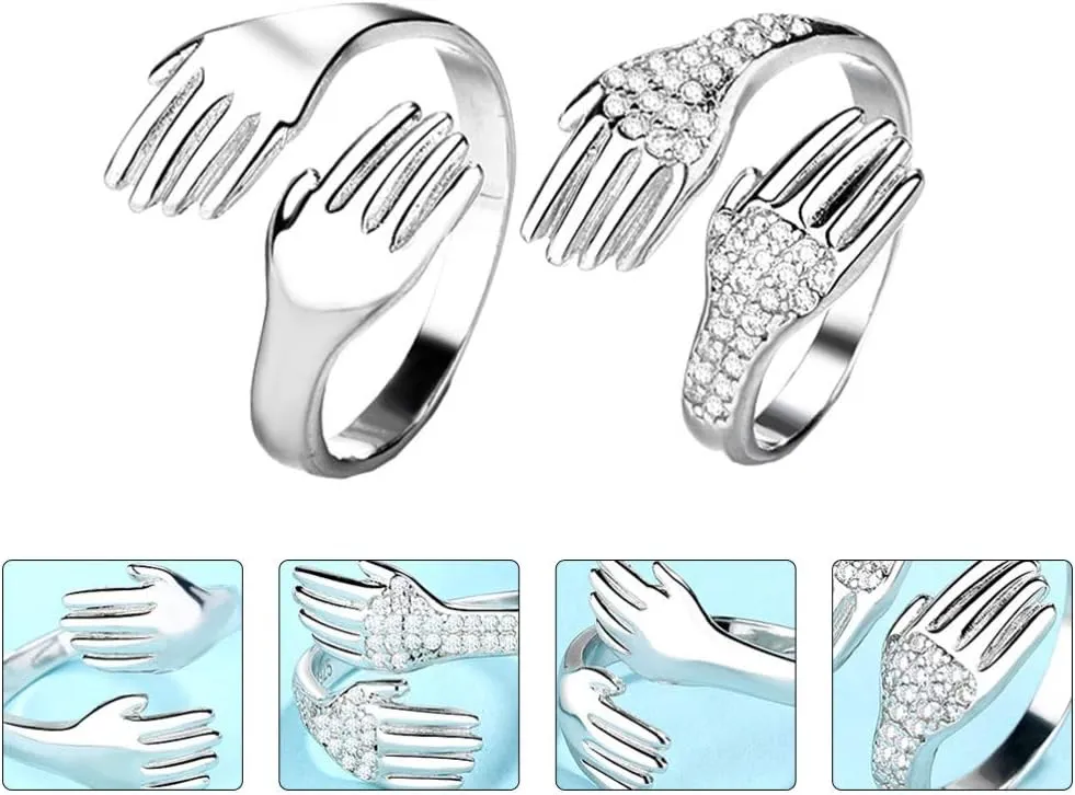 Happyyami 2Pcs Hug Rings Adjustable Hugging Hands Rings Open Couple Hug Rings for Romantic Lover Hug Hands Couple Rings for Women Girls Finger Ring