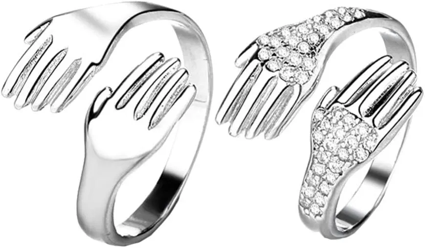 Happyyami 2Pcs Hug Rings Adjustable Hugging Hands Rings Open Couple Hug Rings for Romantic Lover Hug Hands Couple Rings for Women Girls Finger Ring