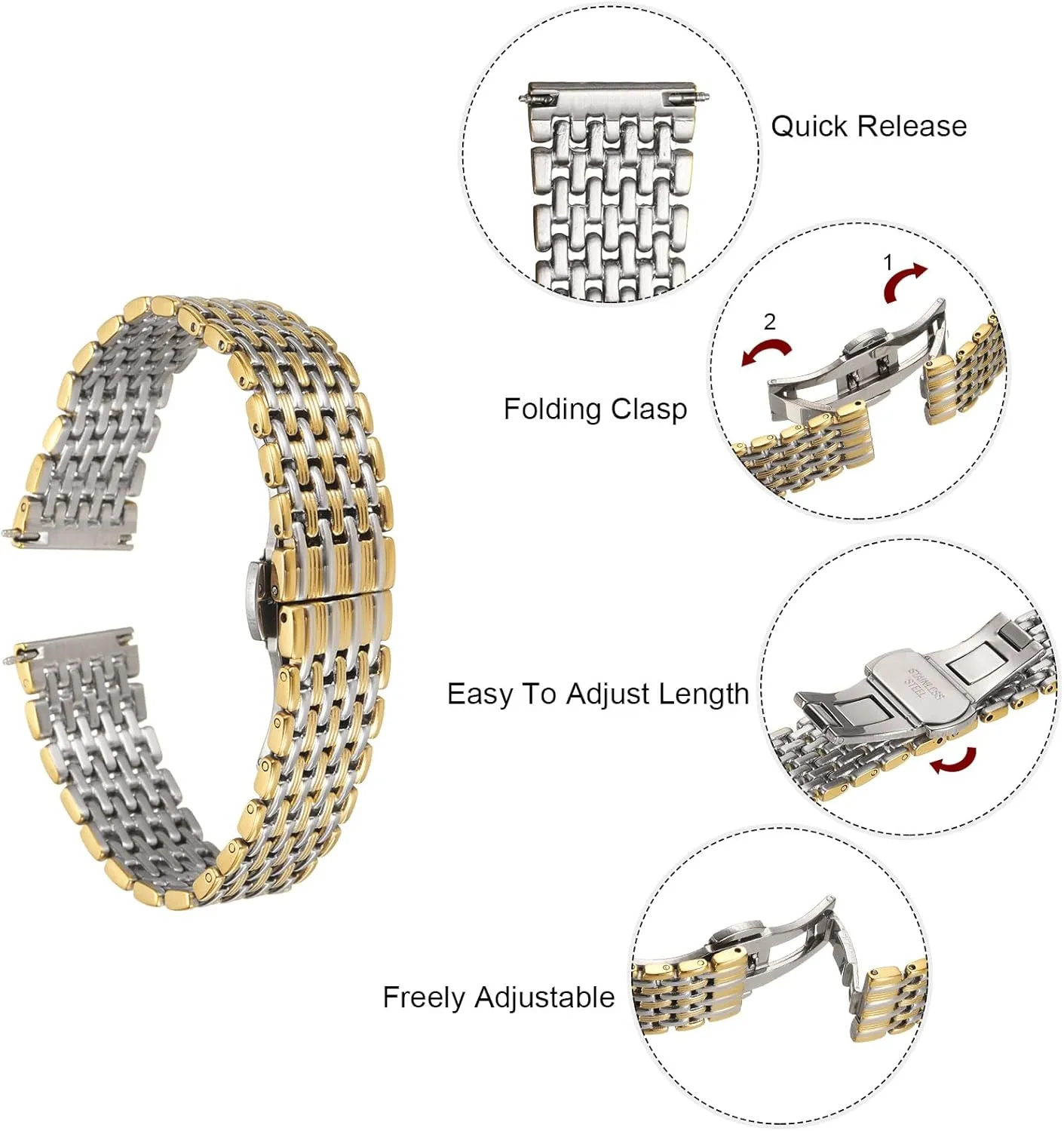 HARFINGTON Stainless Steel Mesh Watch Band Quick Release Metal Watch Strap Adjustable Fold Butterfly Clasp Replacement Bands for Men Women