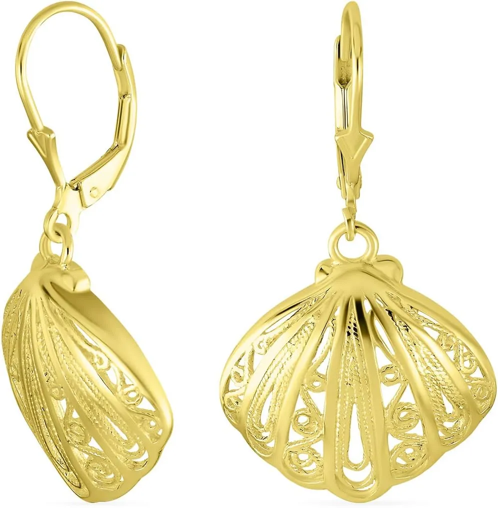 Hawaiian Seaside Escape Jewelry Set Sand Dollar, Starfish, Seashell Dangle Stud Earrings & Necklace for Women Teens 14K Gold-Plated .925 Sterling Silver with Lever Backs - Embrace Tropical Bliss